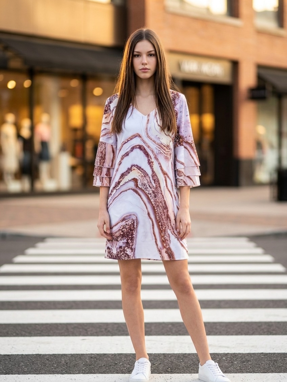 Women’s Summer V Neck Brown Marveling 3/4 Sleeve Midi Dress/Coverup Size M